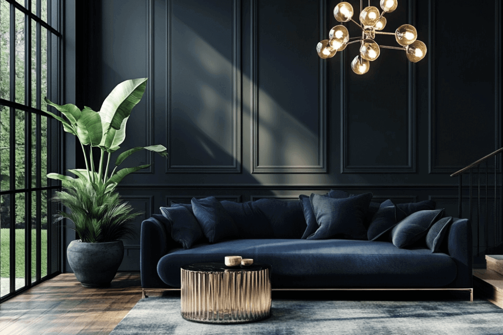 Luxuriöses, dunkles Wohnzimmer mit marineblauem Sofa, goldenem Couchtisch, großer Pflanze und modernem Kronleuchter, beleuchtet durch bodentiefe Fenster
