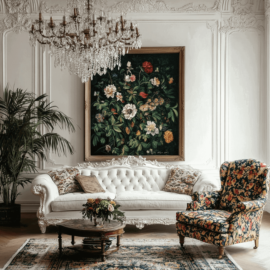 Weiß möbliertes Wohnzimmer, mit Sesseln, Holzcouchtisch, Bildern, Kristalllüstern und Pflanzen im Vintage-Stil