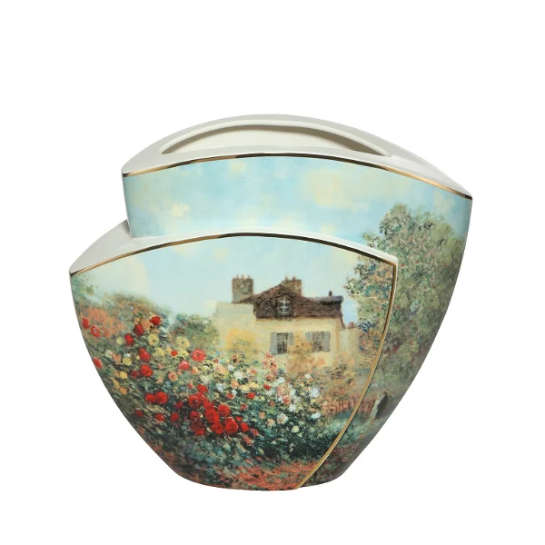 A porcelain vase with painted daisies and a house on a blue sky