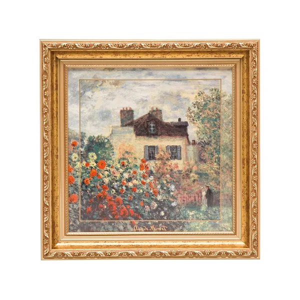 a photo frame in gold color with a picture of a house and daisy flowers in the corner