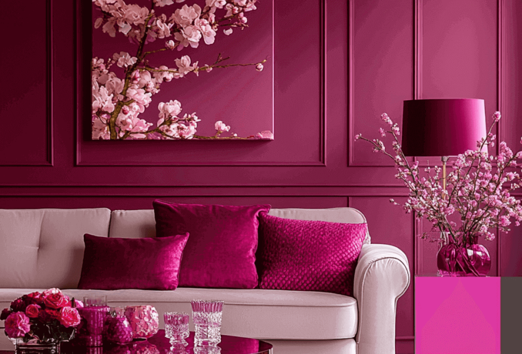 Ein schickes magentafarbenes Wohnzimmer mit weißem Sofa, magentafarbenen Kissen, floralen Akzenten und Kirschblüten-Wandkunst