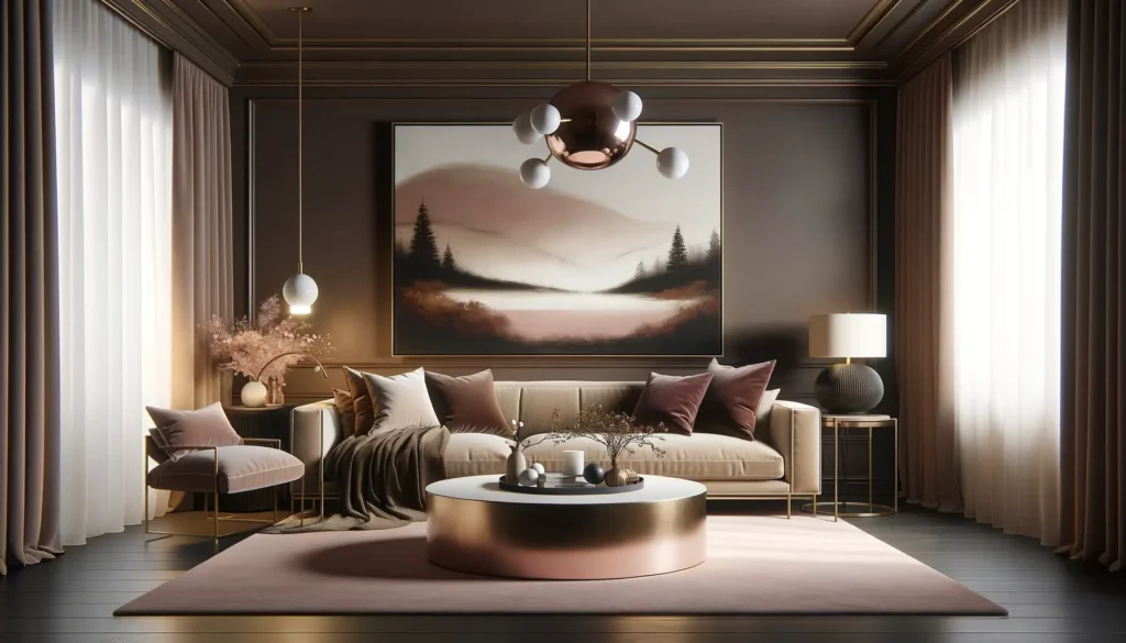 Wohnlandschaft mit romantischer Farbpalette aus dunkler Schokolade Braun und Rose Gold