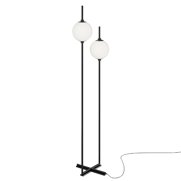 Minimalistische Stehlampe mit zwei Kugeln, schwarzer Rahmen, für moderne Wohnkultur mit weißem Hintergrund