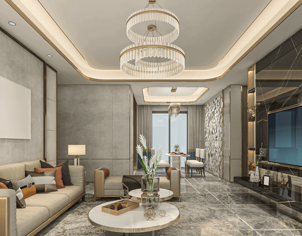 Ein Bild eines Wohnzimmers mit Kronleuchter, Lederkissenbezügen und dekorativem Wandhintergrund