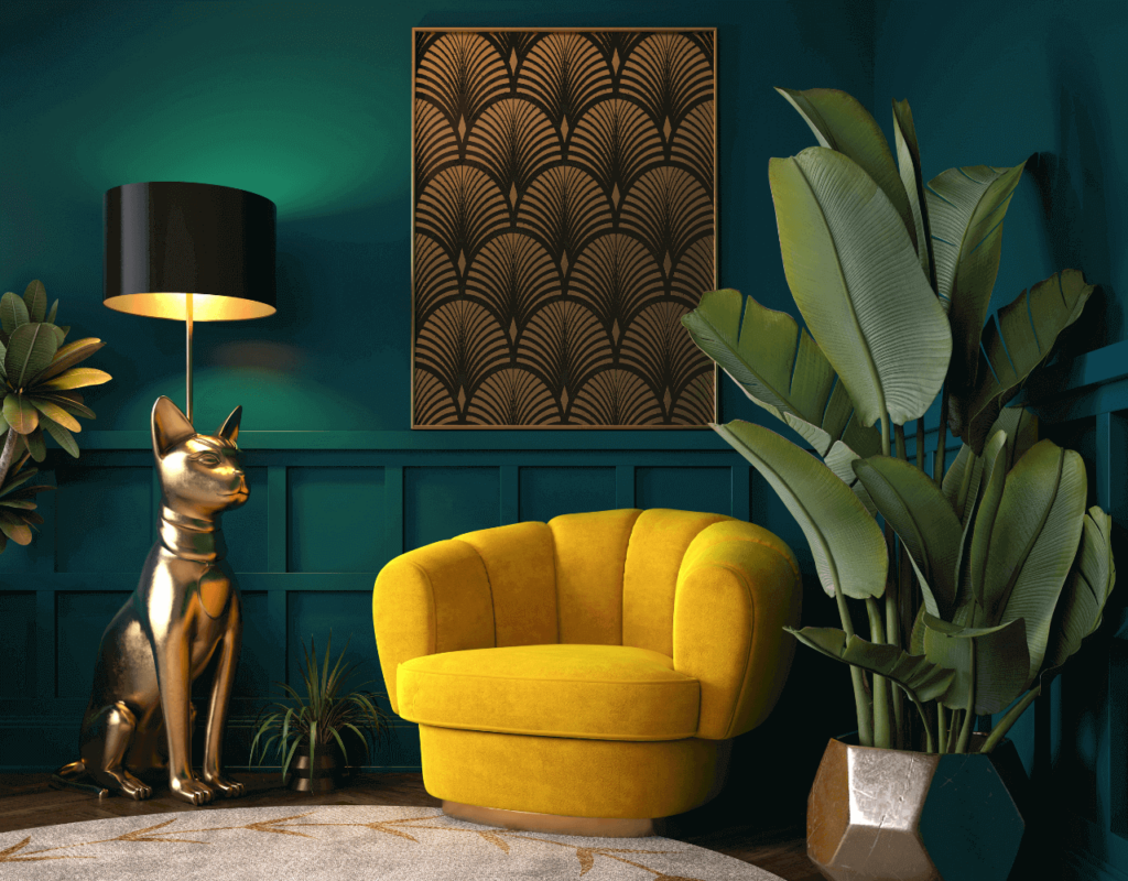 Aussage Stuhl in gelber Farbe zusammen mit einem Hund Gold Figur bild