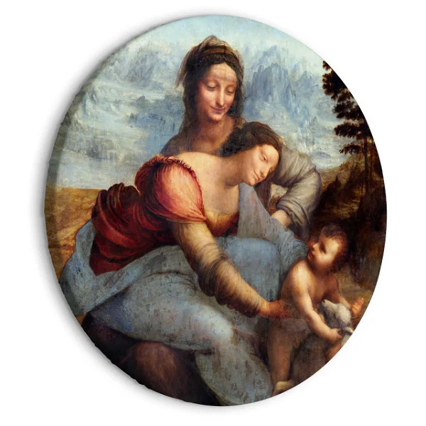 Leonardo da Vincis Die Jungfrau und das Kind mit der heiligen Anna, wunderschön auf einer runden Leinwand wiedergegeben, zeigt die heilige Anna mit Maria und dem Jesuskind in einer ruhigen Landschaft.