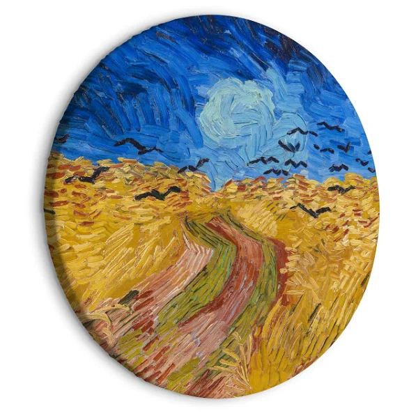 Vincent van Goghs Weizenfeld mit Krähen, dargestellt auf einer runden Leinwand, zeigt ein dramatisches goldenes Weizenfeld unter einem stürmischen Himmel, über dem schwarze Krähen fliegen.