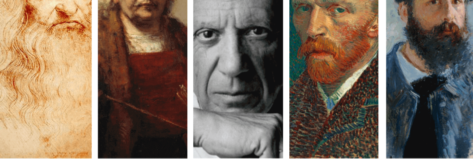 Lehrreiche Collage mit Leonardo da Vinci, Rembrandt, Picasso, Van Gogh und Monet unter dem Titel "Die 5 berühmtesten Maler der Welt", um die Meister der Kunst hervorzuheben.