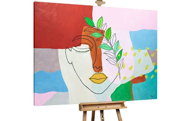 Ölgemälde "Picassos Demeter", das ein abstraktes Gesicht mit Blattelementen darstellt, wobei sich kräftiges Rot mit Pastelltönen mischt.