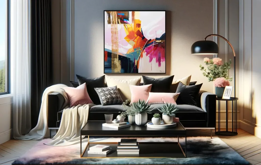 bild eines stilvollen und lebendigen wohnzimmerszene mit schwarzem sofa couchtisch pflanzen und einem 80x80 abstrakten gemälde 'Passion der Farben'
