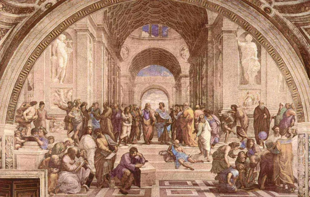 Renaissance-Gemälde von Gelehrten und Philosophen in einem prunkvollen Saal mit Statuen.