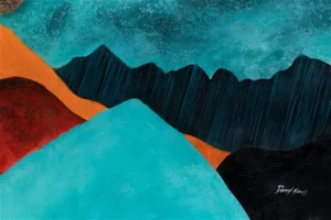 Abstrakte Berge in Blau, Orange und Schwarz auf Leinwand.