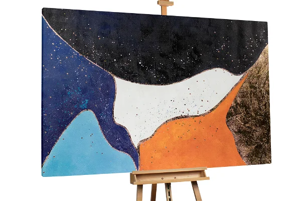 Abstraktes Gemälde mit einem dunklen Himmel und orangefarbenen Hügeln auf Leinwand.