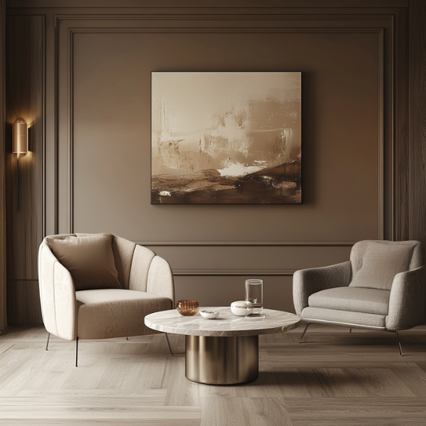 Minimalistisches Zimmer mit Sesseln, einem Couchtisch aus Marmor und einem beigen abstrakten Gemälde