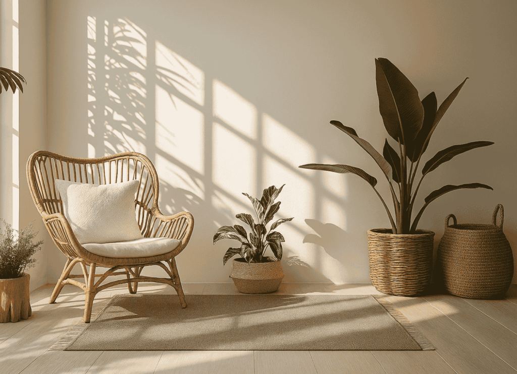 Gemütliche Ecke mit einem Rattansessel, Zimmerpflanzen und einem hellgrauen Teppich im natürlichen Sonnenlicht