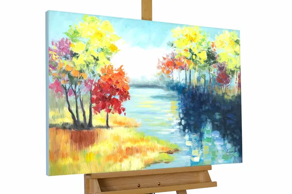 Helles impressionistisches Gemälde einer ruhigen Landschaft mit blühenden Blumen und einem ruhigen Fluss unter der warmen Sommersonne.