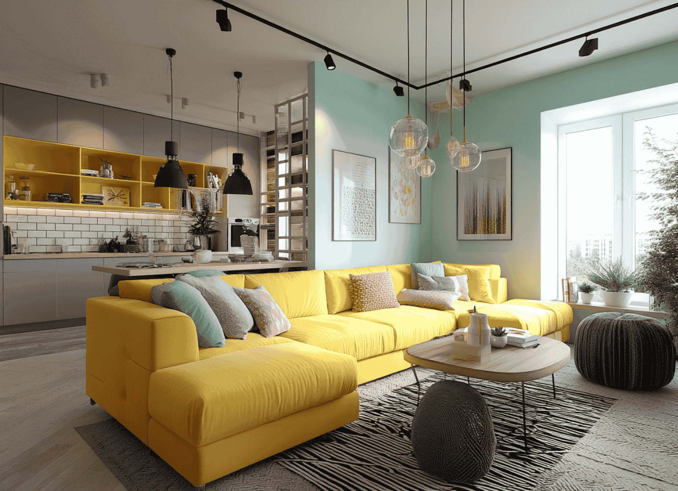Helles Wohnzimmer mit einem gelben Sektionssofa, gläsernen Pendelleuchten und einem Couchtisch aus Holz, ergänzt durch bunte Kissen und Pflanzen.