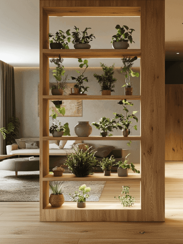 Holzregale mit Pflanzen und biophilem Dekor: "Offene Holzregale mit verschiedenen Pflanzen und dekorativen Elementen in einem modernen Wohnzimmer mit natürlichem Licht.
