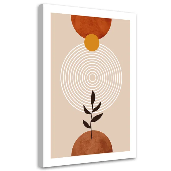 Geometrische abstrakte Kunst mit konzentrischen Kreisen und einem botanischen Element, die eine warme Farbpalette und klare Linien präsentiert