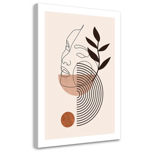 Minimalistische Strichzeichnung eines Gesichts mit weichen, geschwungenen Linien, gepaart mit organischen Formen und Erdtönen in einem eleganten Design.