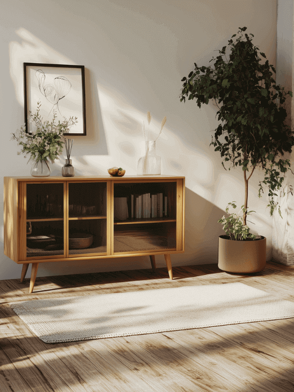 Interieur Wohnzimmer mit altem Holzboden: "Stilvolles Wohnzimmer mit altem Holzfußboden, neutralen Tönen und modernen Dekorationselementen wie Pflanzen und Kunst.