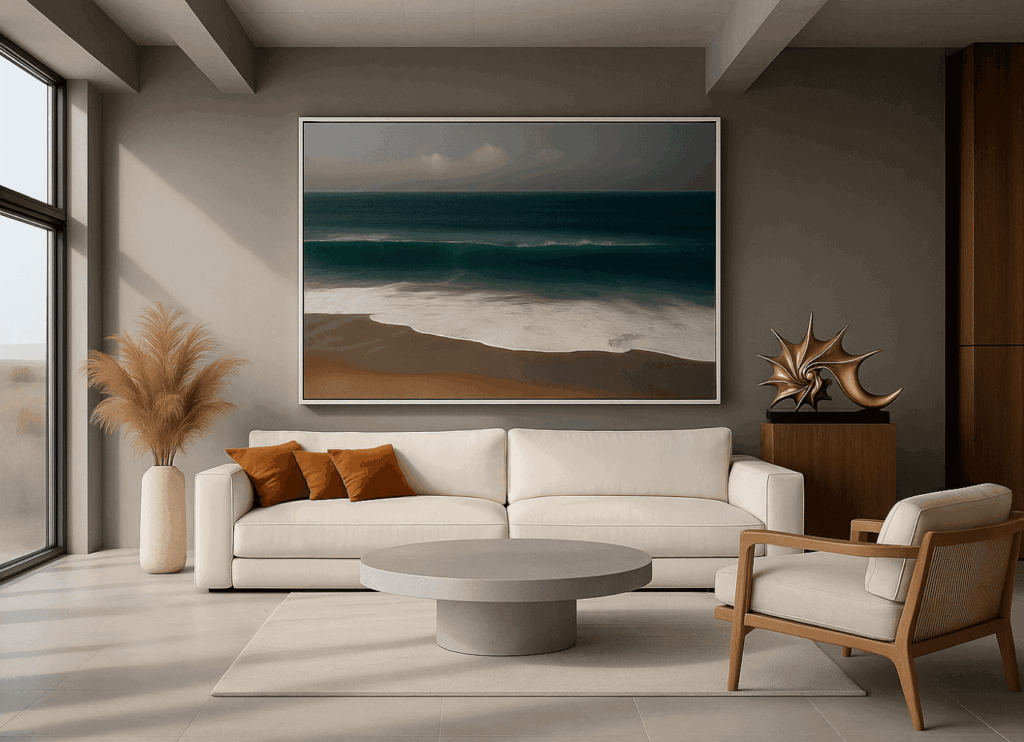 Küstenambiente im Wohnzimmer mit großer Wandkunst