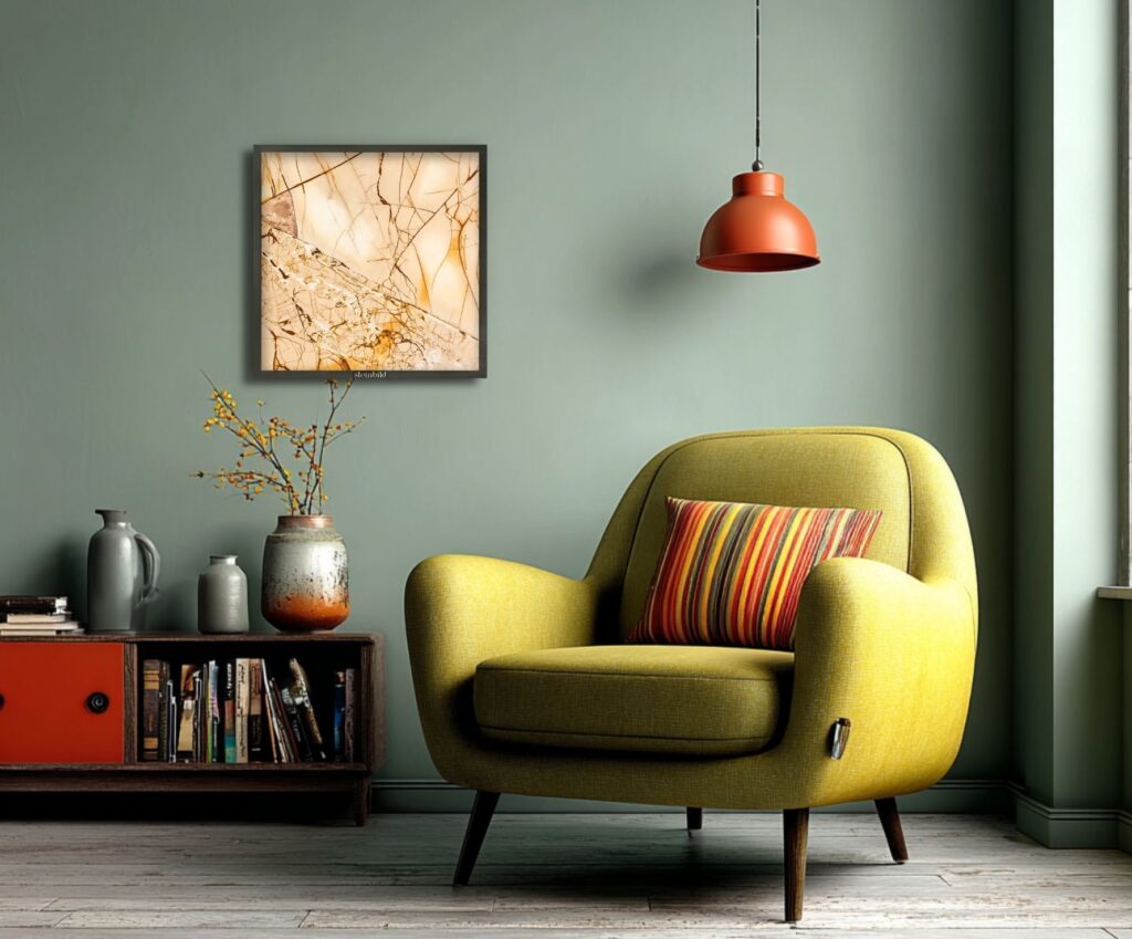 Gemütliches Wohnzimmer mit grünem Sessel und abstrakter Kunst