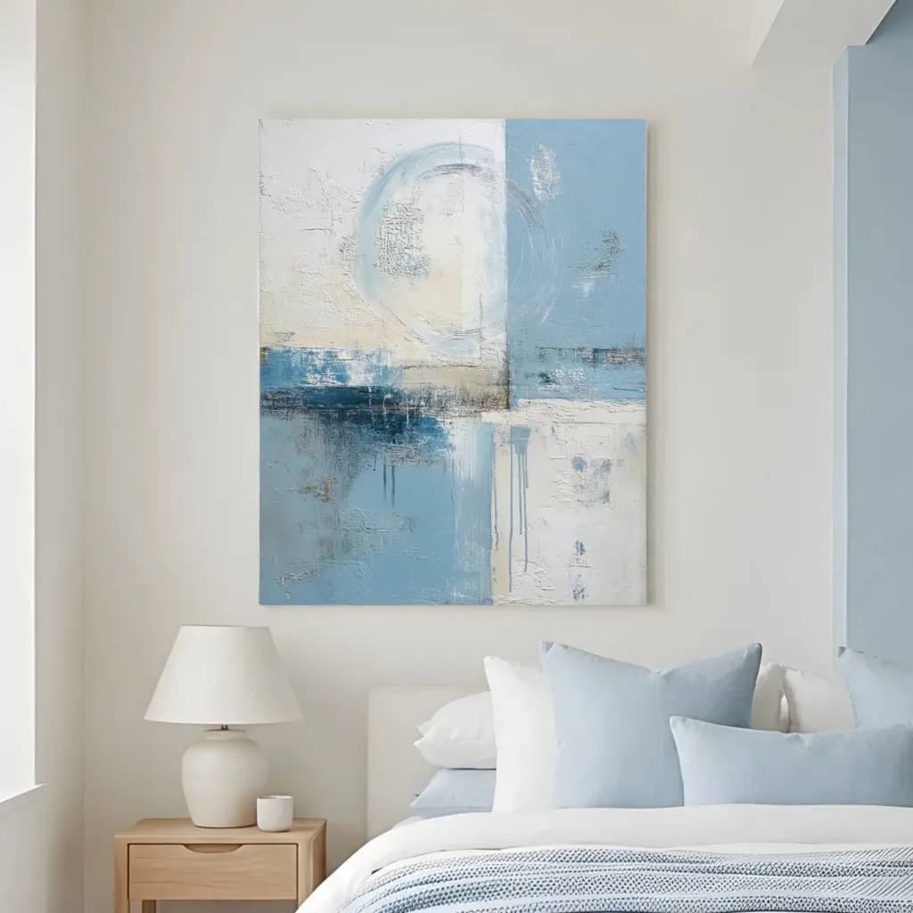 Modernes abstraktes Wandbild in Blau- und Beigetönen über einem Bett in einem hellen Schlafzimmer