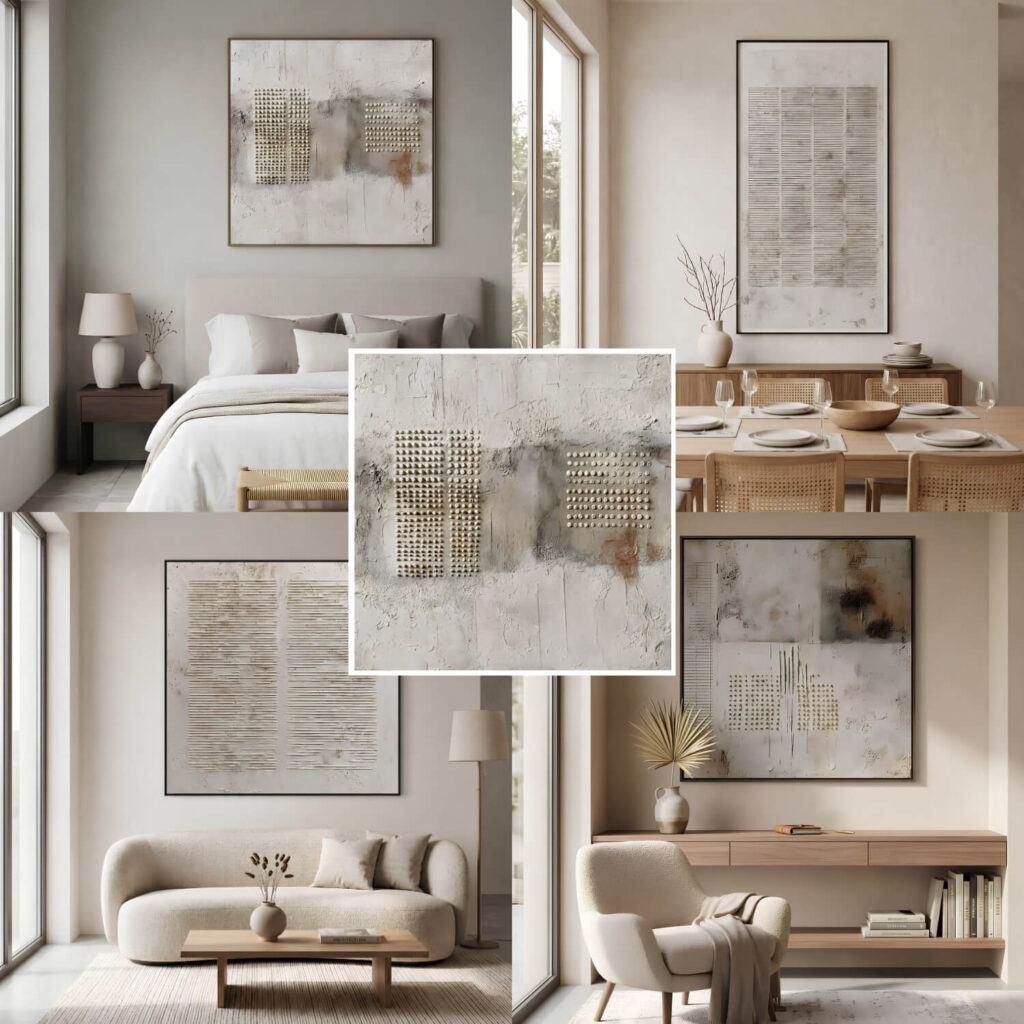 Eine Fotocollage mit vier minimalistisch gestalteten Wohnräumen (Schlafzimmer, Esszimmer, Wohnzimmer und Leseecke), die mit strukturierten, abstrakten Kunstwerken geschmückt sind, ergänzt durch eine zentrale Nahaufnahme der Reliefstruktur eines Gemäldes.