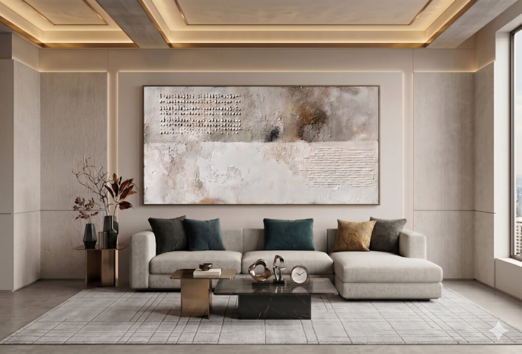 Modernes Wohnzimmer mit einem großen, strukturierten abstrakten Kunstwerk über einem cremefarbenen Sofa.