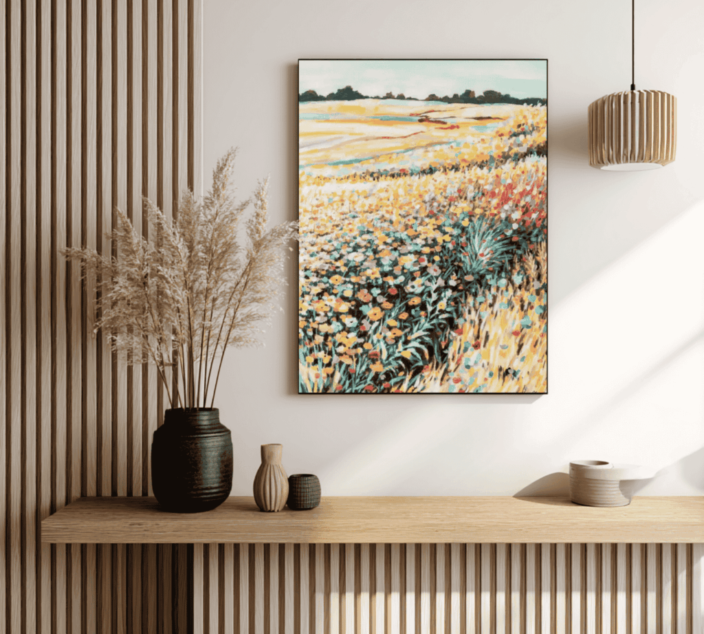 Farbenfrohes Blumenfeldgemälde in einem hellen, minimalistischen Flur mit natürlicher Einrichtung