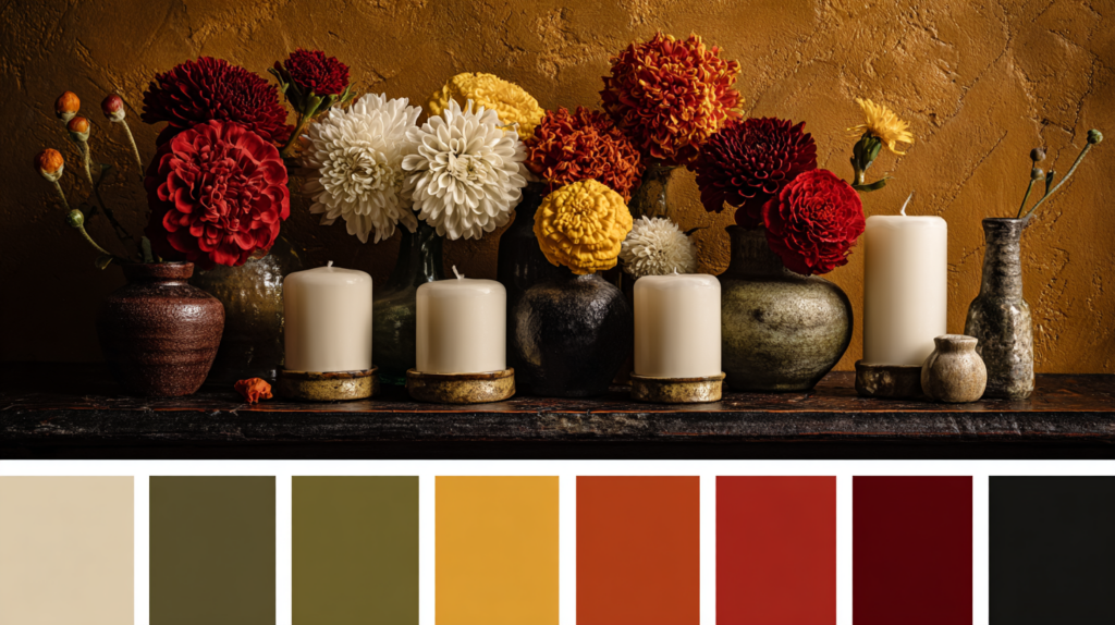 Dekoratives Stillleben mit Blumen und Kerzen in Herbstfarben, elegante Inspiration für festliche Wandkunst.