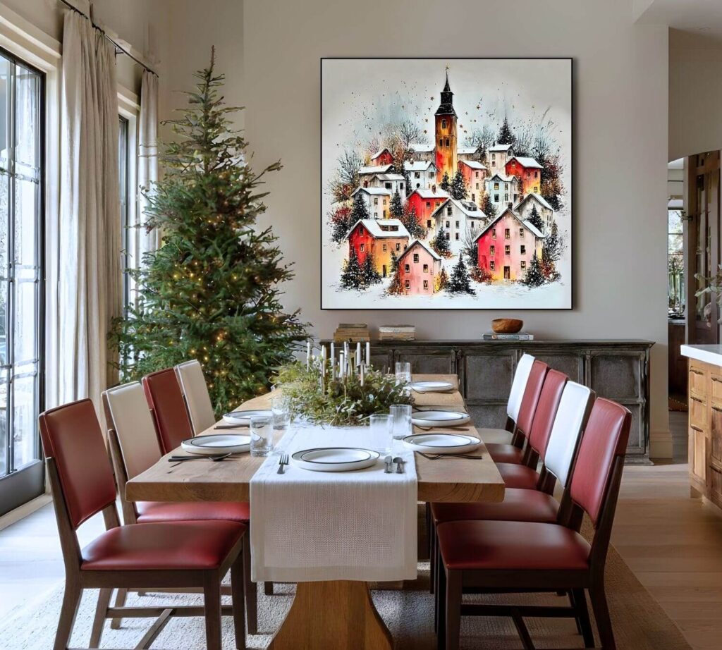 Festliche Esszimmerszene mit abstrakten Kunstwerken und Weihnachtsdekoration, elegante Innenausstattung für die Feiertage.