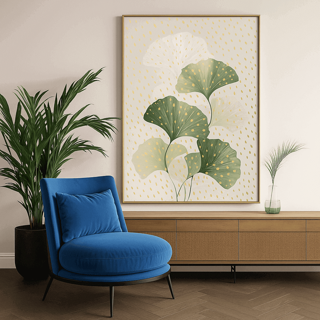 Gemütliche Wohnzimmerecke mit Samtstühlen und Wandkunst in Grüntönen