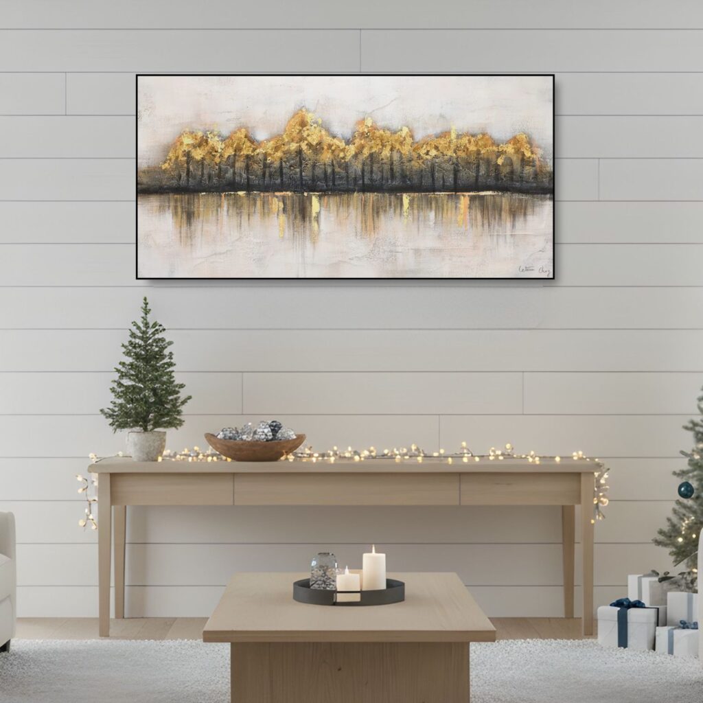 Abstrakte horizontale Malerei in neutralen Farbtönen über einem Konsolentisch, moderne Wandkunst für minimalistische Innenräume.