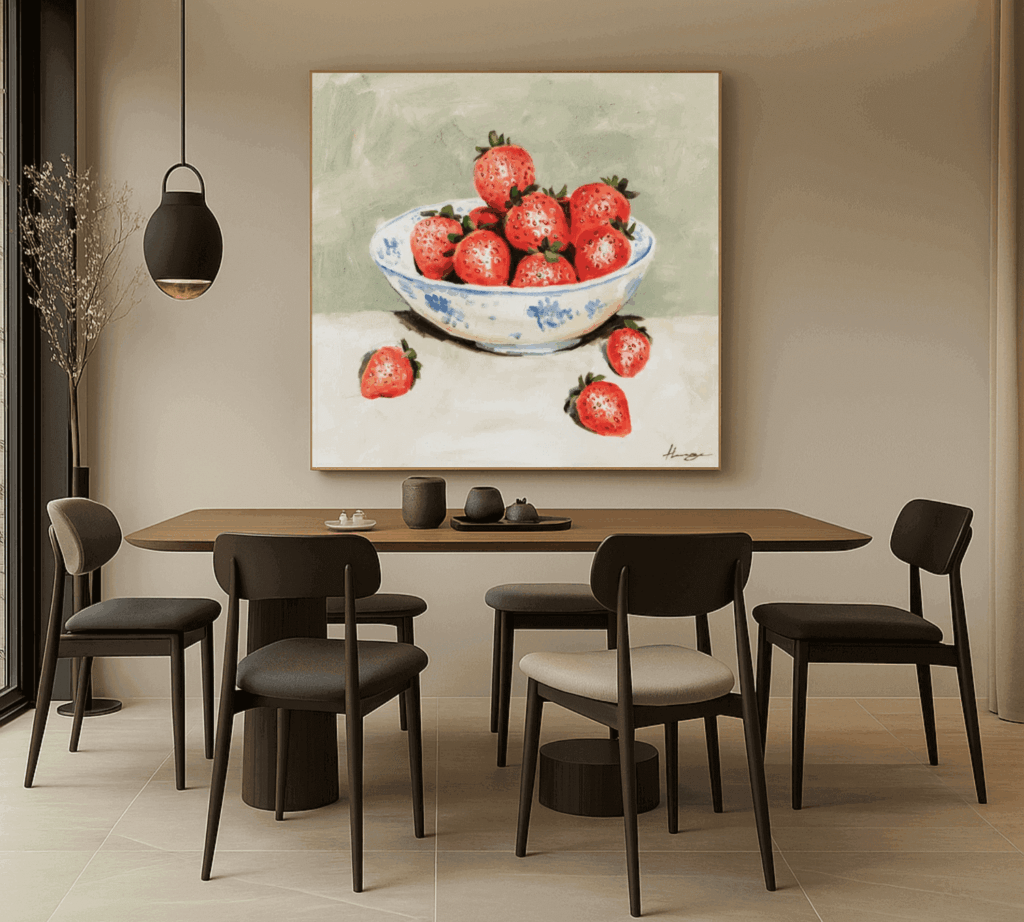 Minimalistisches Esszimmer mit Gemälde einer Erdbeerschale