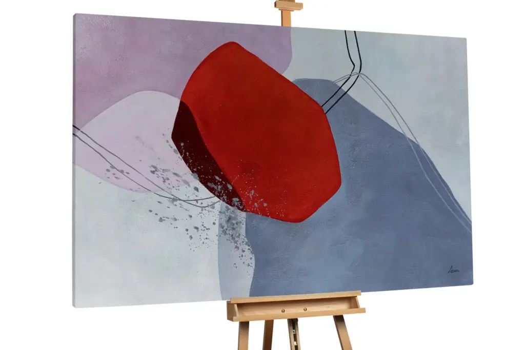 Moderne abstrakte Malerei mit kräftigen roten und sanften grauen Formen, handgemaltes Acrylbild auf Leinwand.