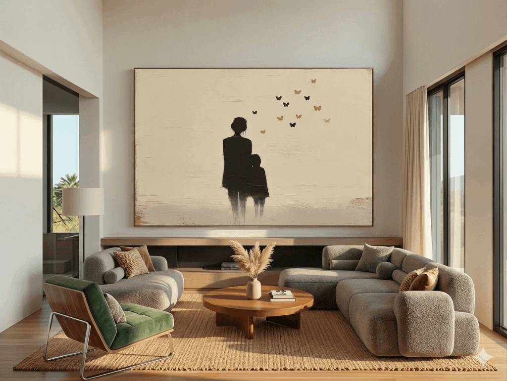 Modernes Wohnzimmer mit großer minimalistischer Wandkunst über dem Sofa. Das Kunstwerk zeigt eine dunkle sitzende Silhouette auf beigem Hintergrund mit schwebenden Schmetterlingen und passt als stilvolle Geschenkidee zum Muttertag.