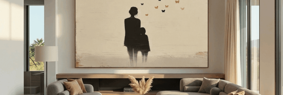 Modernes Wohnzimmer mit großer minimalistischer Wandkunst über dem Sofa. Das Kunstwerk zeigt eine dunkle sitzende Silhouette auf beigem Hintergrund mit schwebenden Schmetterlingen und passt als stilvolle Geschenkidee zum Muttertag.